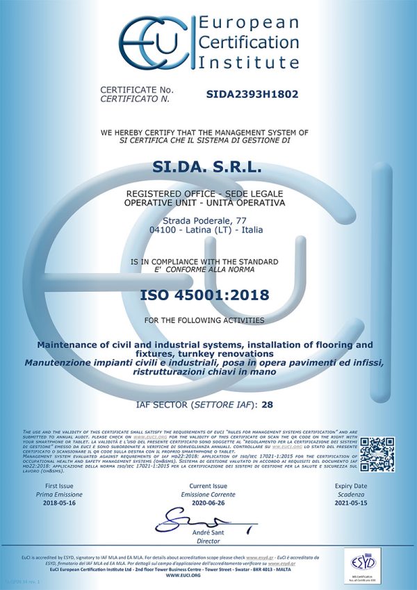 certificazione iso 45001 sida srl